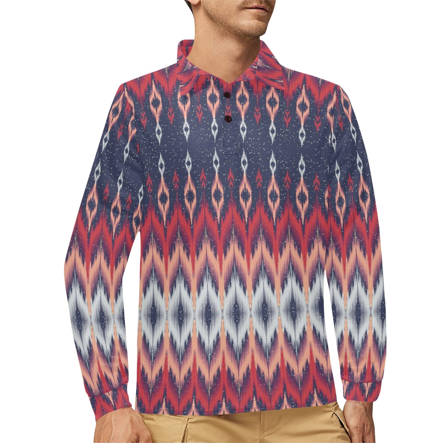 Ikat Print Design LKS401 Long Sleeve Polo Shirt For Men's