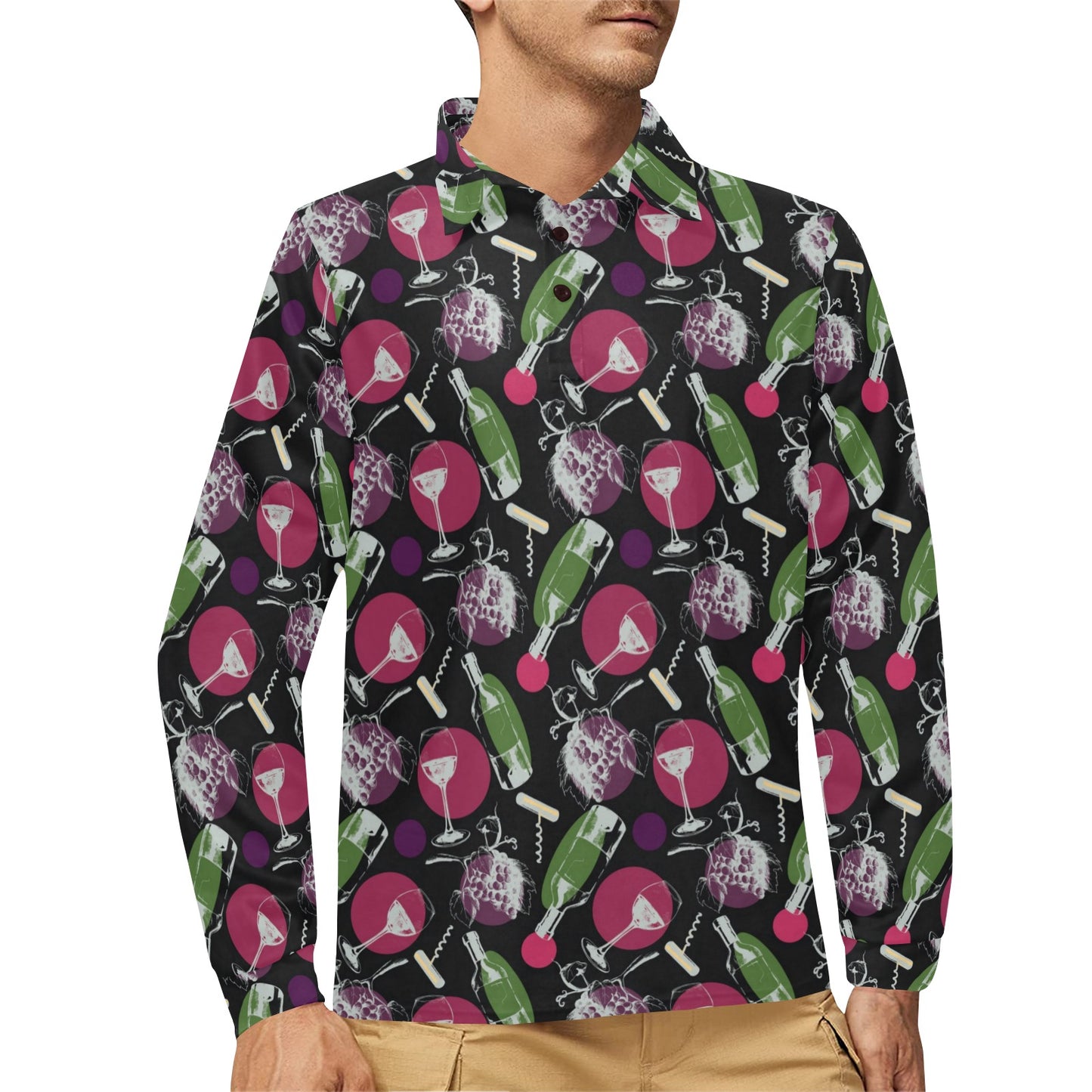 Wine Print Design LKS307 Long Sleeve Polo Shirt For Men's