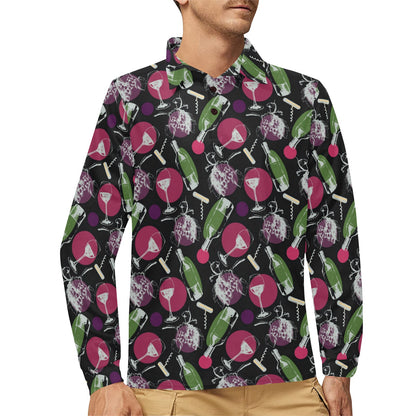 Wine Print Design LKS307 Long Sleeve Polo Shirt For Men's