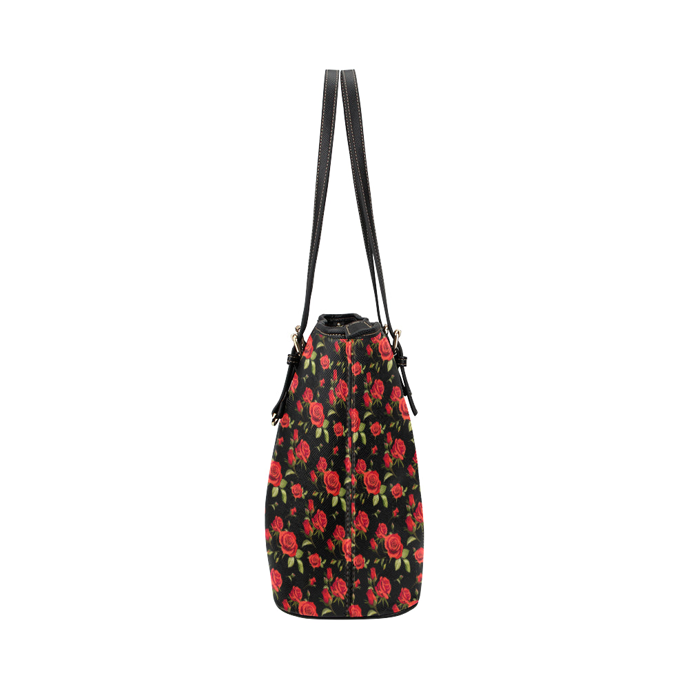 Red Rose Themed Print Leather Tote Bag