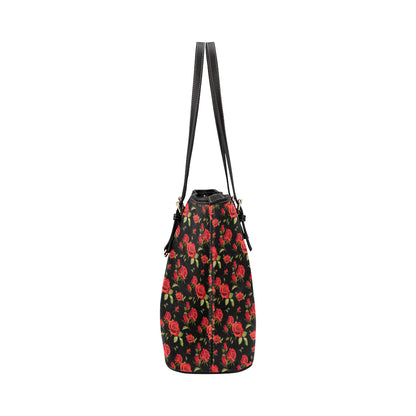 Red Rose Themed Print Leather Tote Bag
