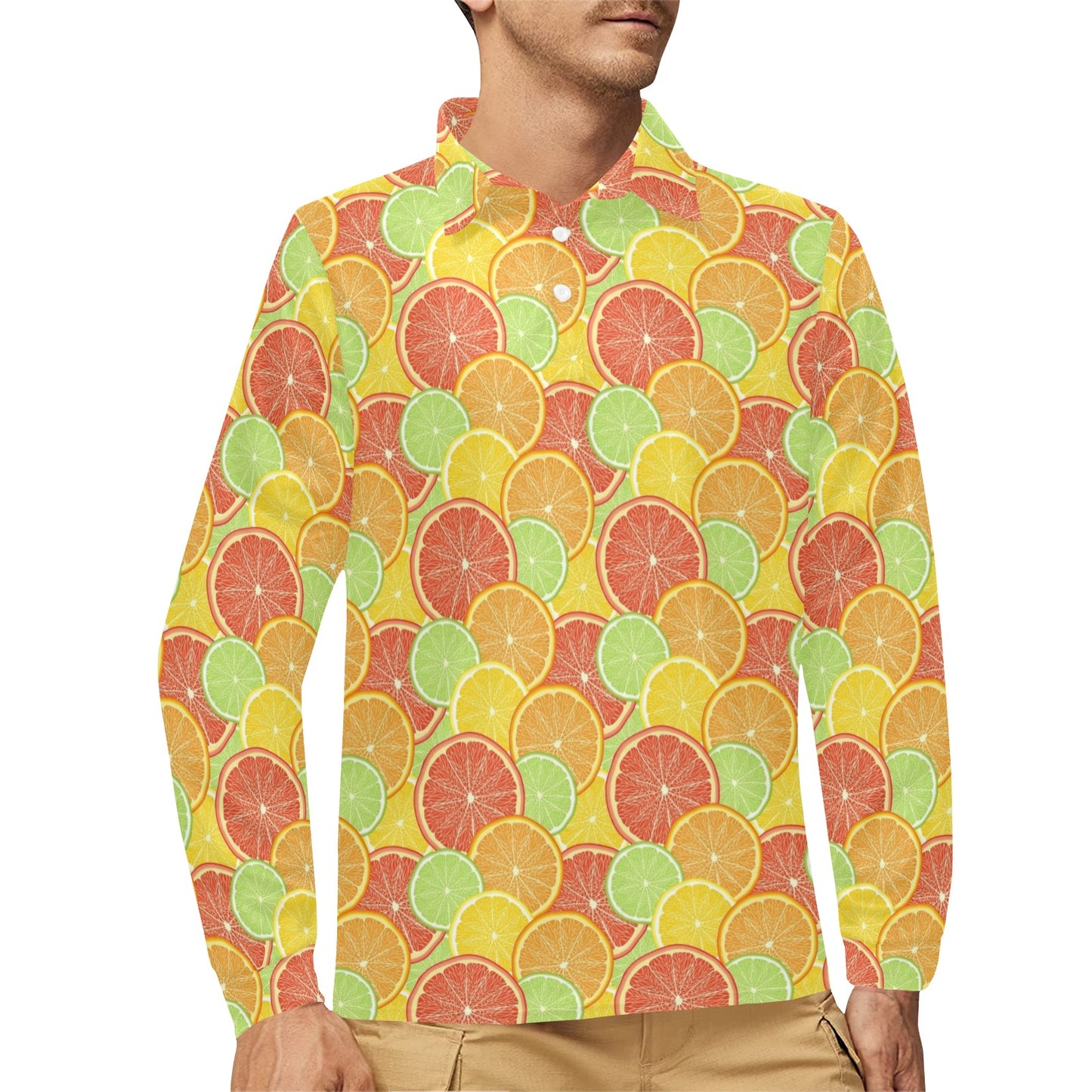 Grapefruit Pattern Print Design GF01 Long Sleeve Polo Shirt For Men's