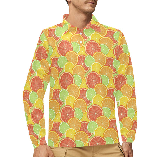Grapefruit Pattern Print Design GF01 Long Sleeve Polo Shirt For Men's