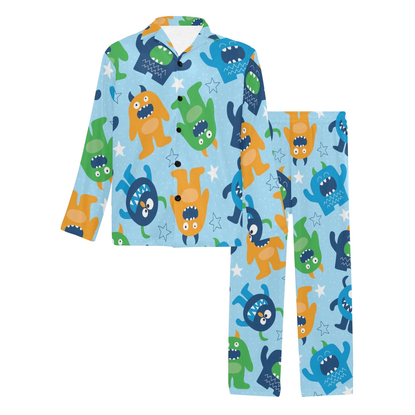 Monster Cartoon Pattern Print Design 04 Men's Long Pajama Set