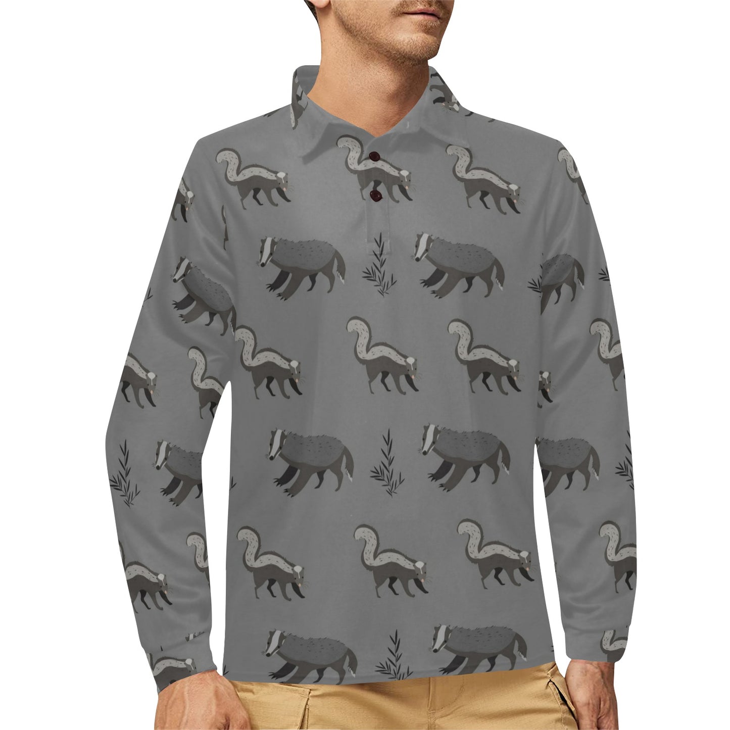 Skunk Print Design LKS301 Long Sleeve Polo Shirt For Men's