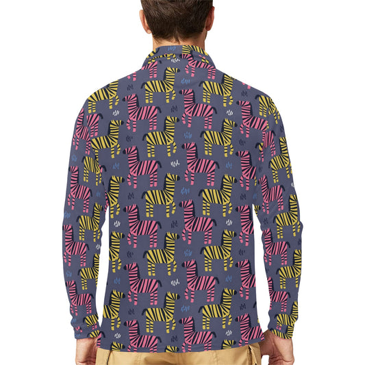 Zebra Print Design LKS303 Long Sleeve Polo Shirt For Men's