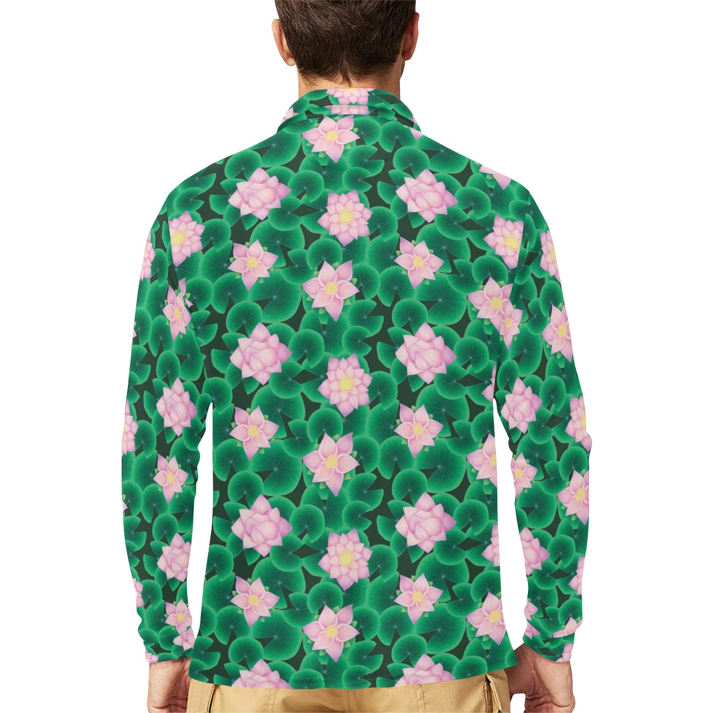 Water Lily Print Design LKS303 Long Sleeve Polo Shirt For Men's