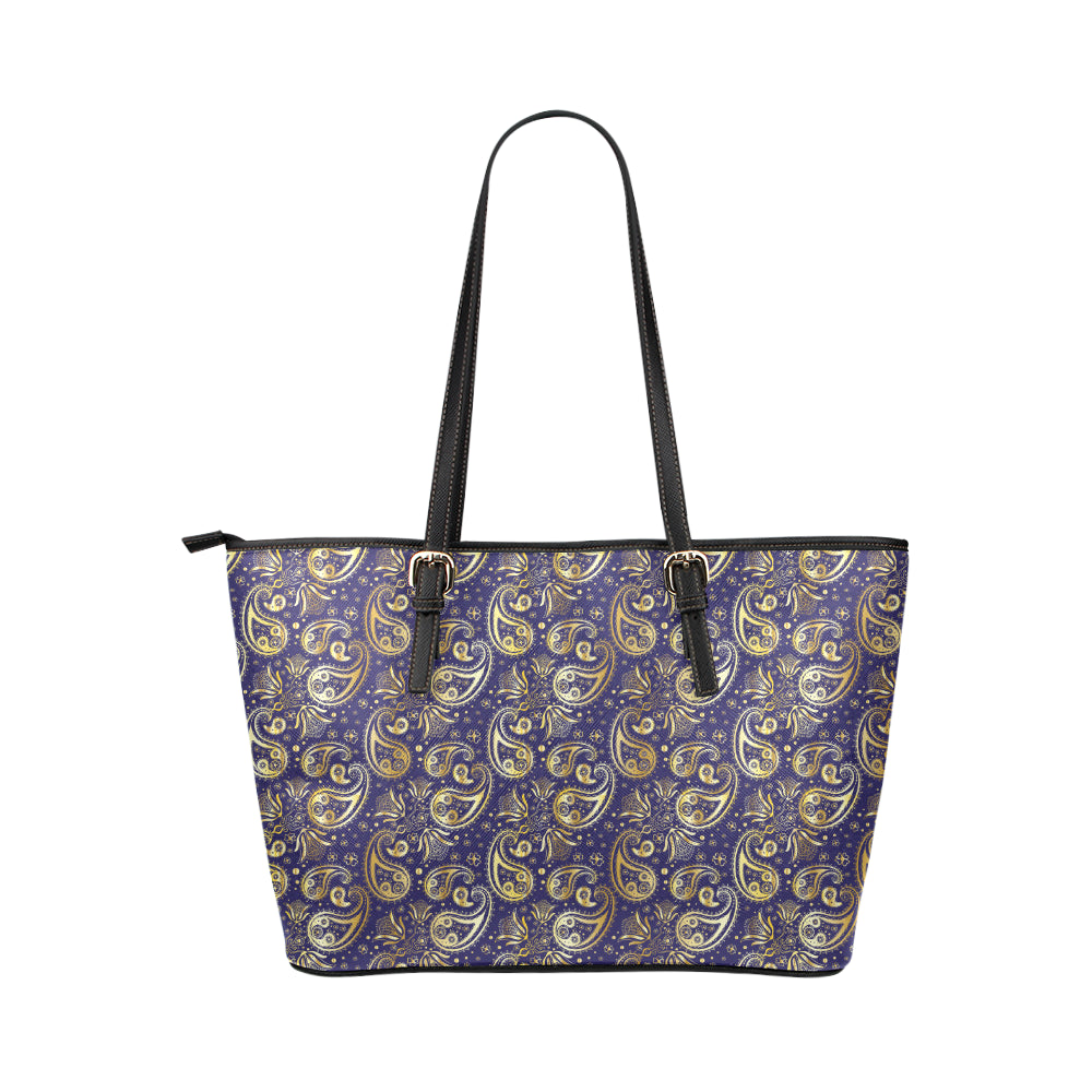 Paisley Blue Yellow Design Print Leather Tote Bag