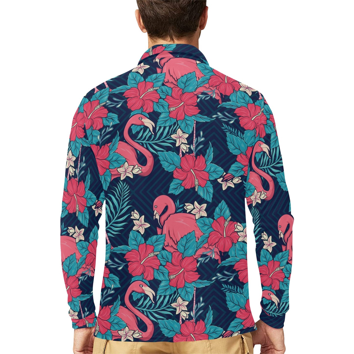 Flamingo Red Hibiscus Pattern Long Sleeve Polo Shirt For Men's