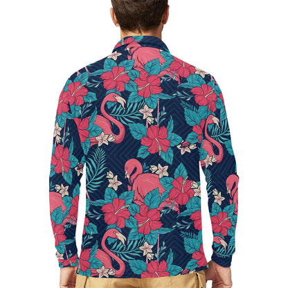 Flamingo Red Hibiscus Pattern Long Sleeve Polo Shirt For Men's