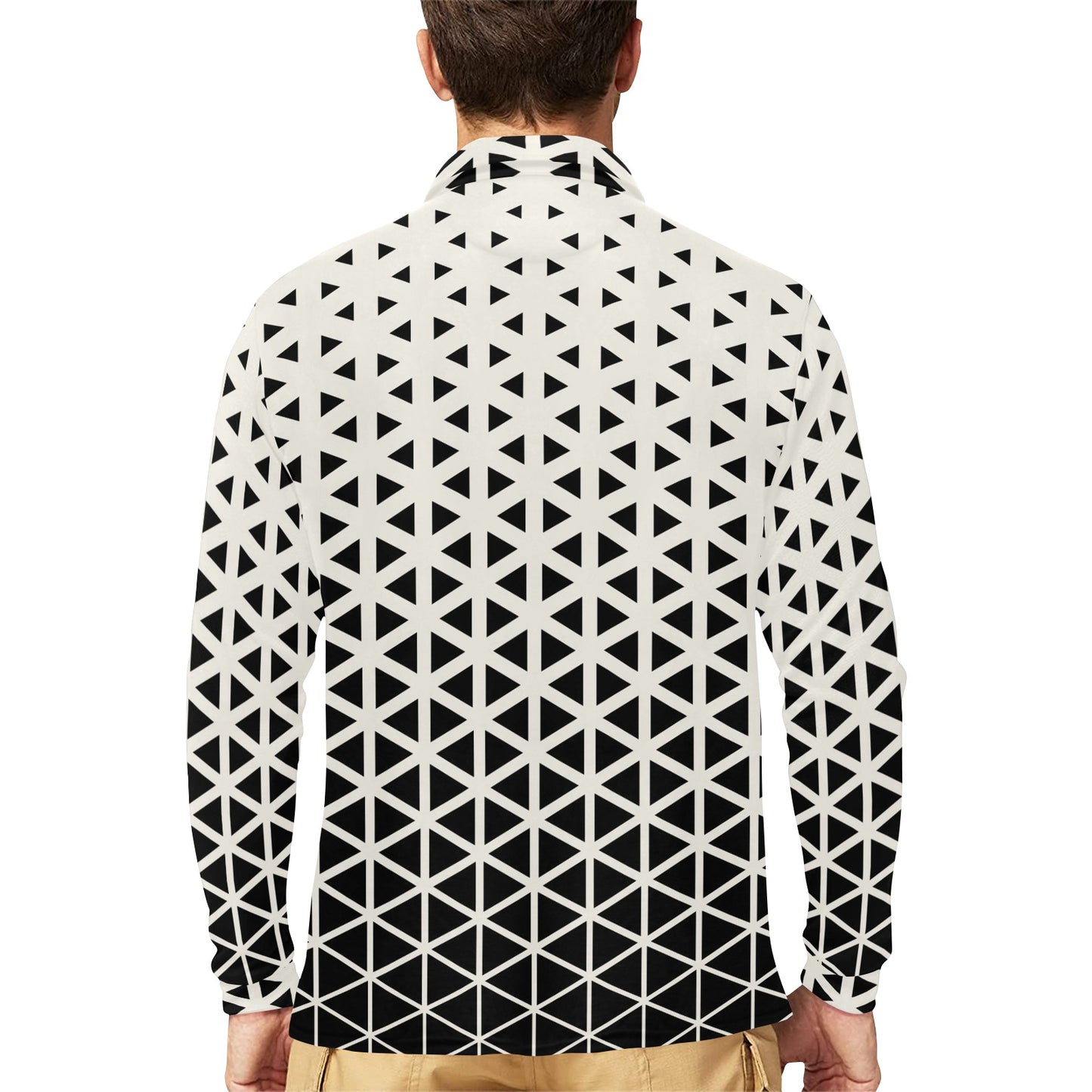 Geometric Black White Pattern Print Design 03 Long Sleeve Polo Shirt For Men's