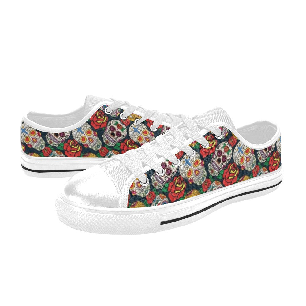 Sugar Skull Print Design LKS306 Women's White Low Top Shoes