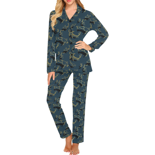 Koi Carp Gold Design Themed Print Women's Long Pajama Set