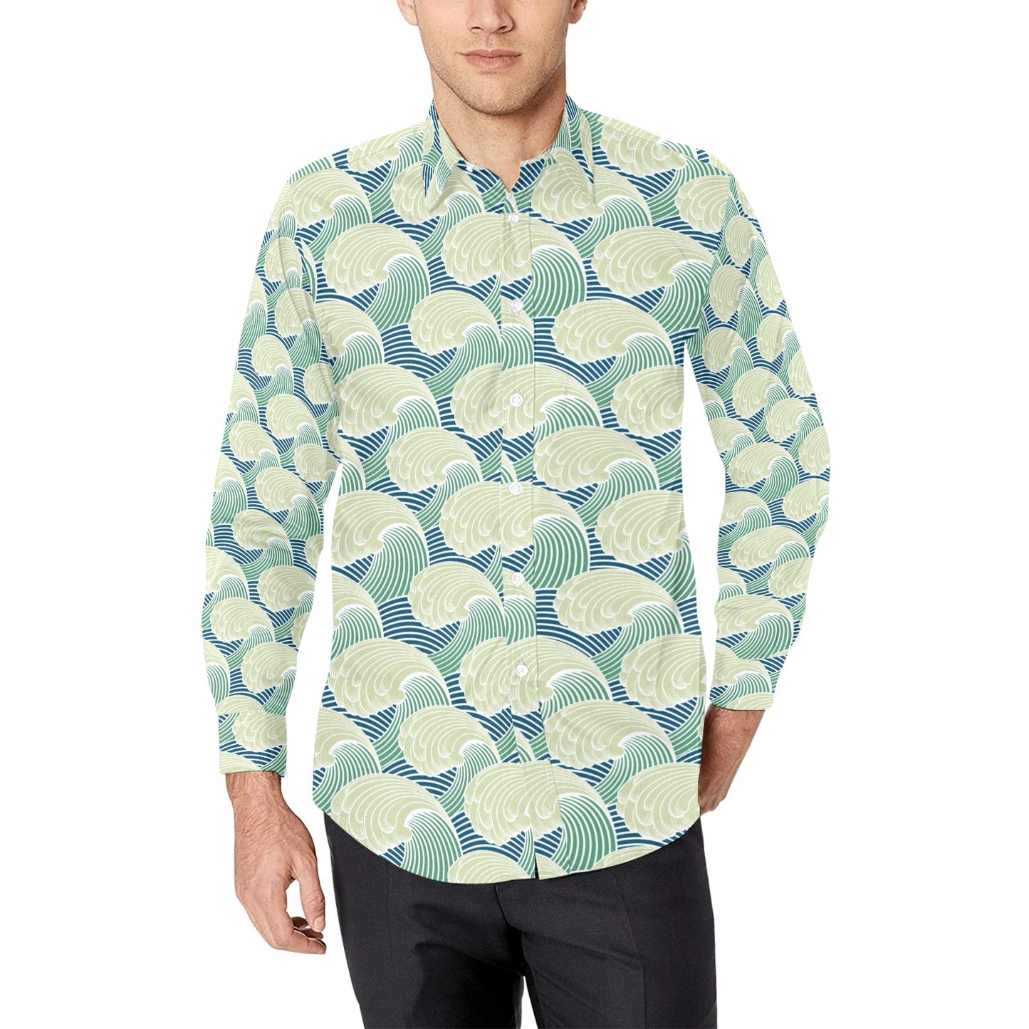 Wave Japan Style Print Design LKS302 Men's Long Sleeve Dress Shirt