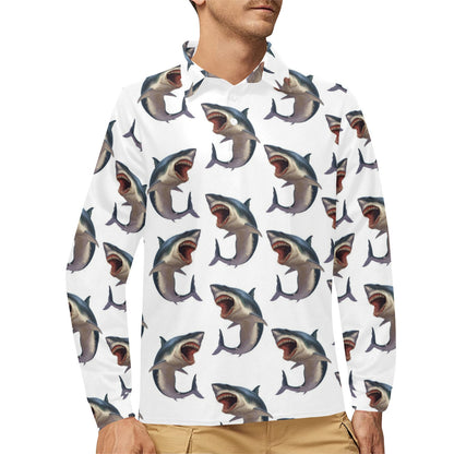 Great White Shark Pattern Print Design 03 Long Sleeve Polo Shirt For Men's
