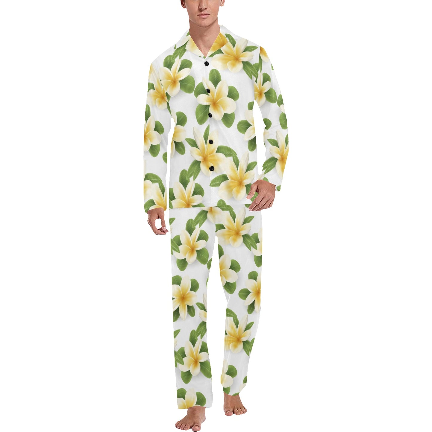 Yellow Plumeria Pattern Print Design PM012 Men's Long Pajama Set