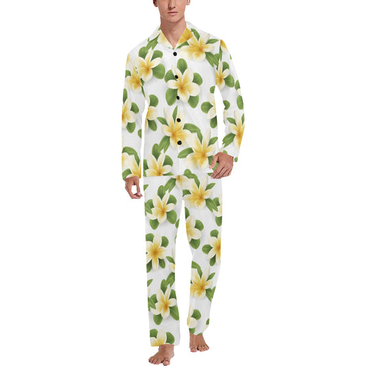Yellow Plumeria Pattern Print Design PM012 Men's Long Pajama Set