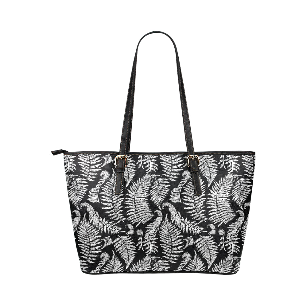 Fern Leave Black White Print Pattern Leather Tote Bag