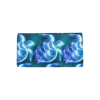 Blue Neon Sea Turtle Print Women's Trifold Wallet