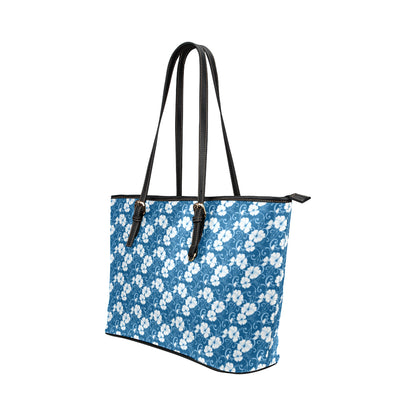 Hibiscus Blue Flower Hawaiian Print Leather Tote Bag