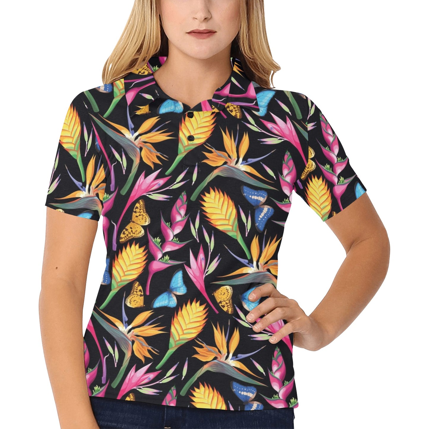 Tropical Flower Pattern Print Design TF016 Women's Polo Shirt
