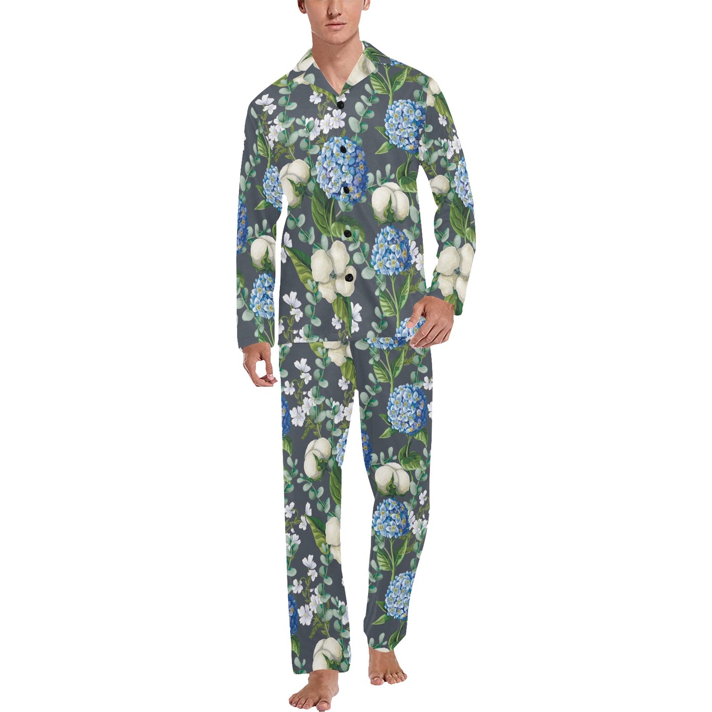 Hydrangea Pattern Print Design 02 Men's Long Pajama Set