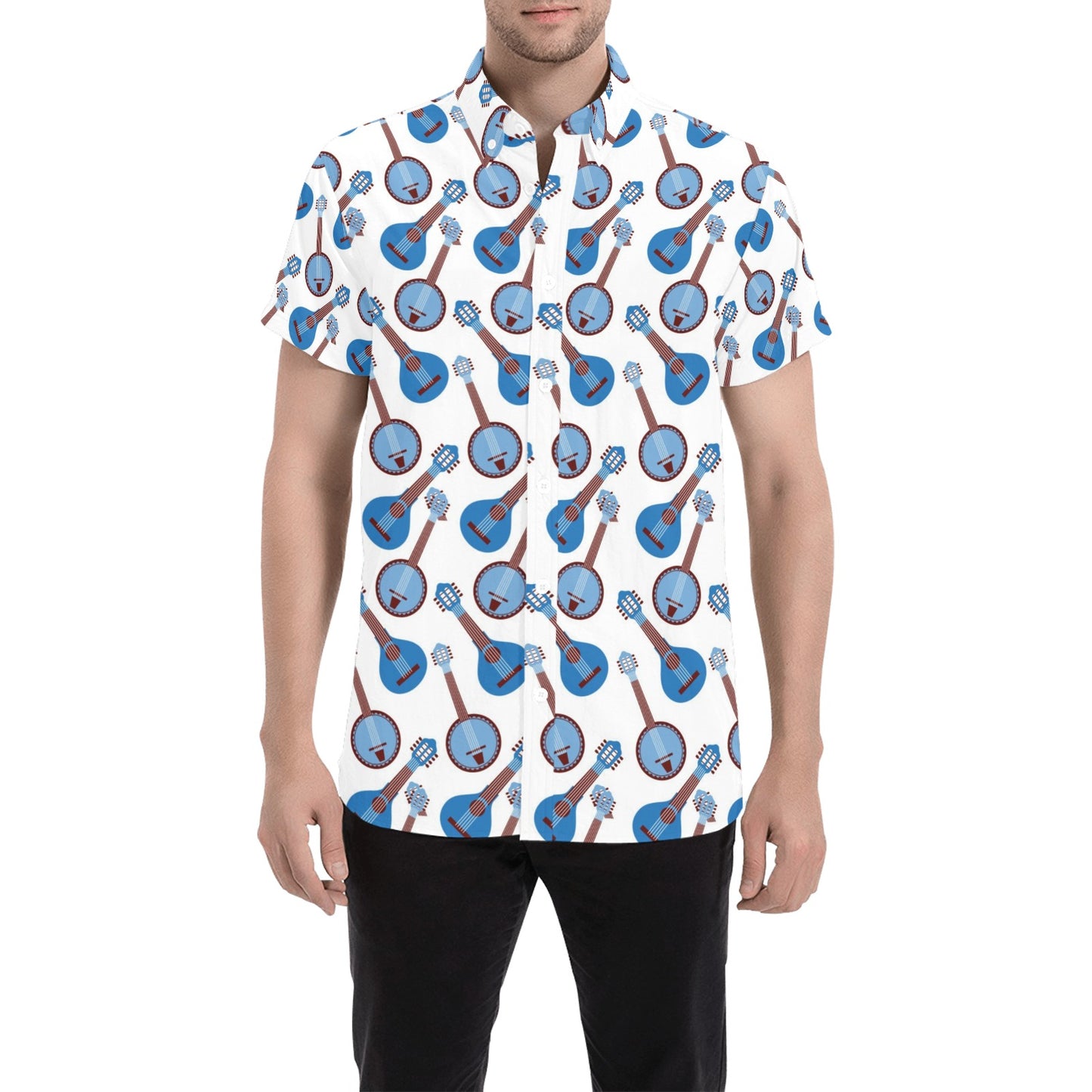 Banjo Print Design LKS401 Men Short Sleeve Button Up Shirt