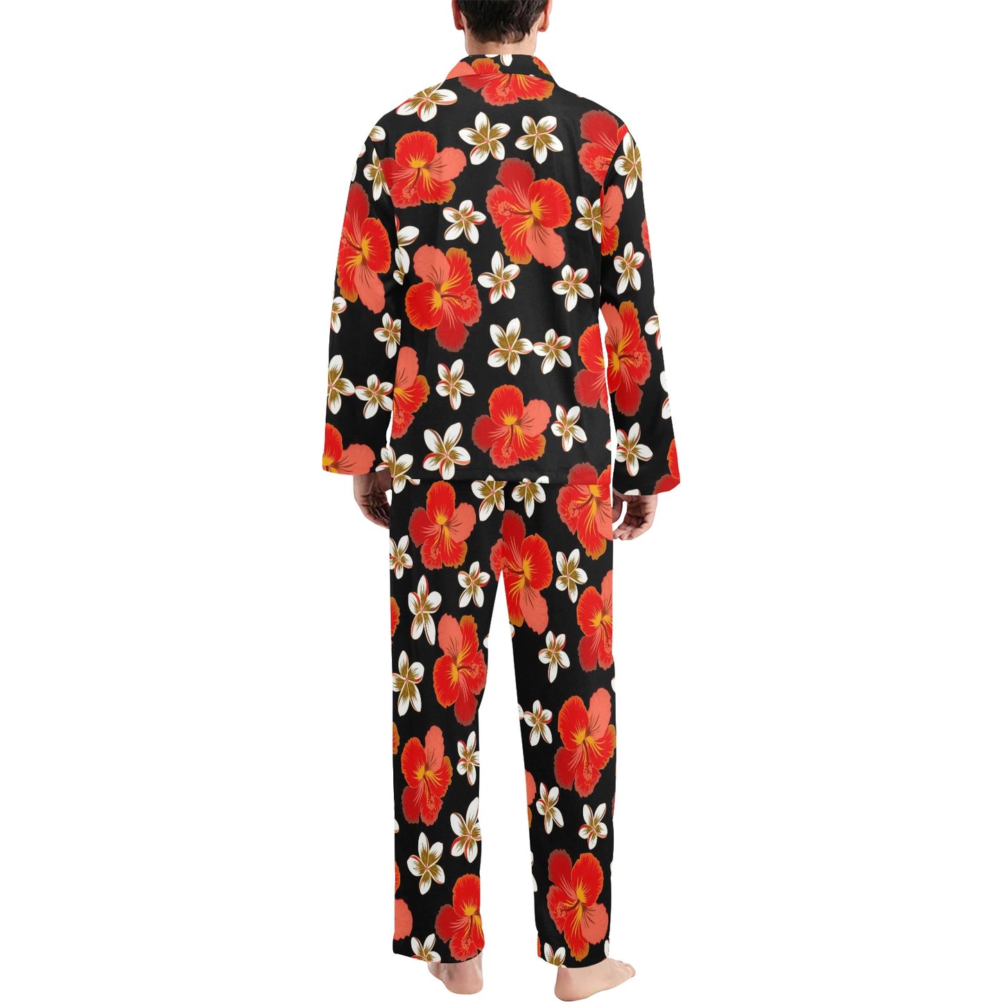 Red Hibiscus Pattern Print Design HB022 Men's Long Pajama Set