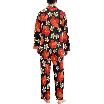 Red Hibiscus Pattern Print Design HB022 Men's Long Pajama Set