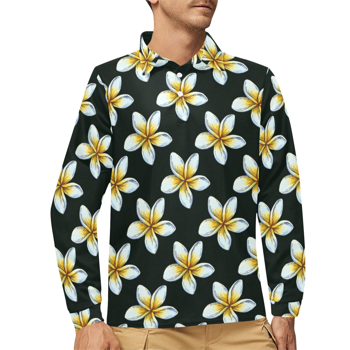 White Plumeria Pattern Print Design PM022 Long Sleeve Polo Shirt For Men's