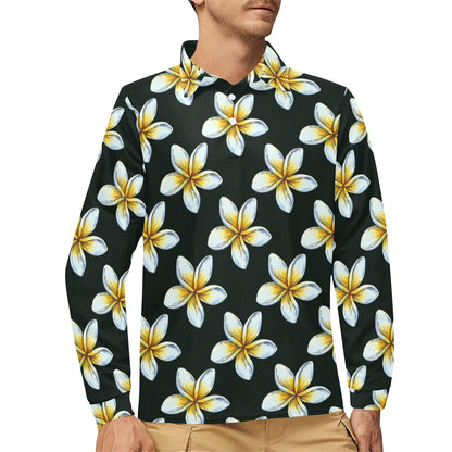 White Plumeria Pattern Print Design PM022 Long Sleeve Polo Shirt For Men's