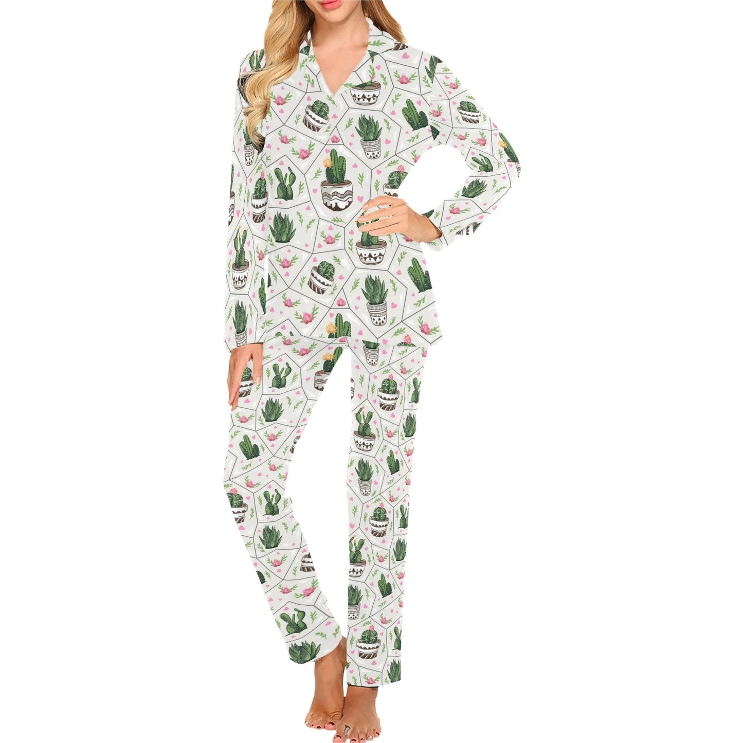 Cactus Pattern Print Design 04 Women's Long Pajama Set