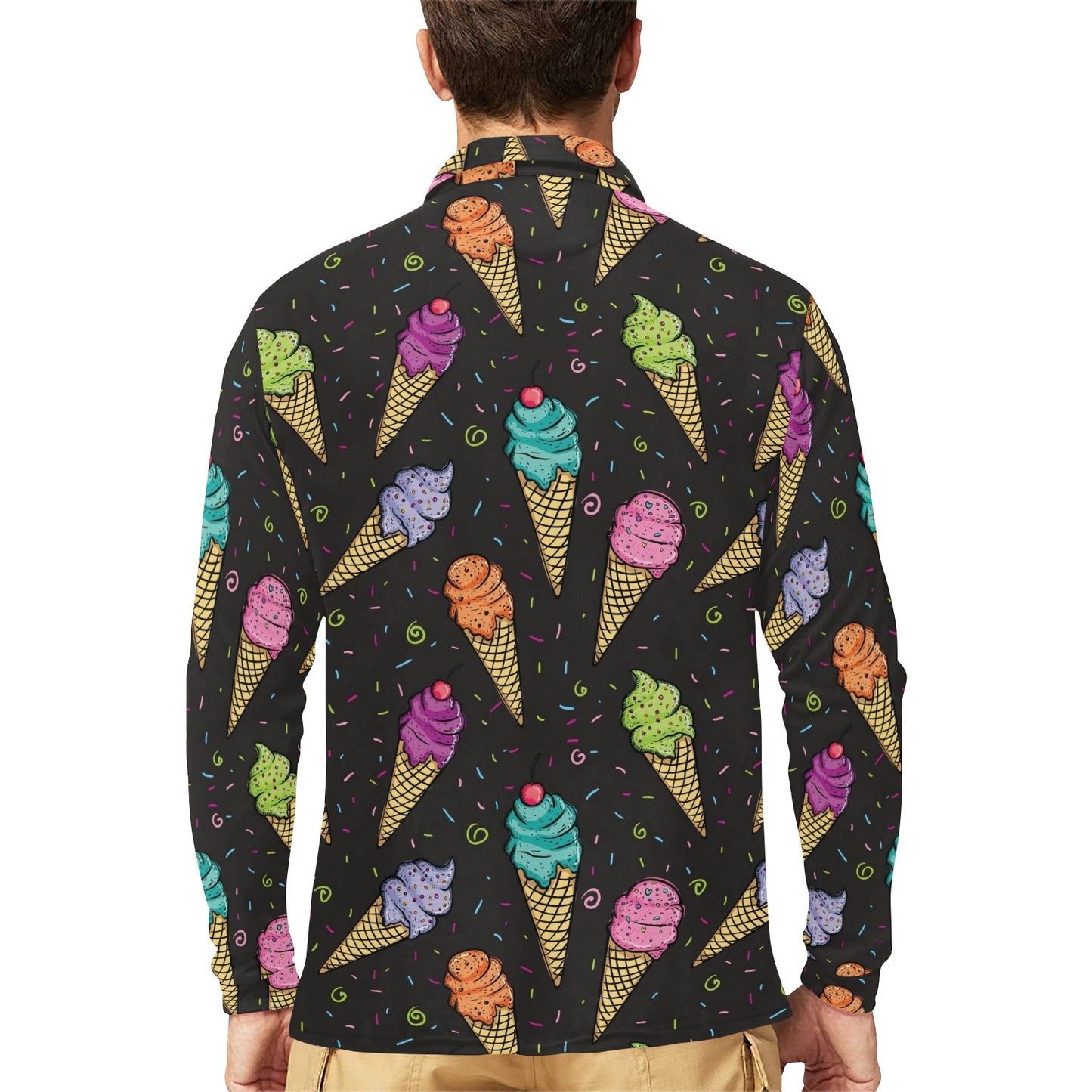 Ice Cream Pattern Print Design IC06 Long Sleeve Polo Shirt For Men's