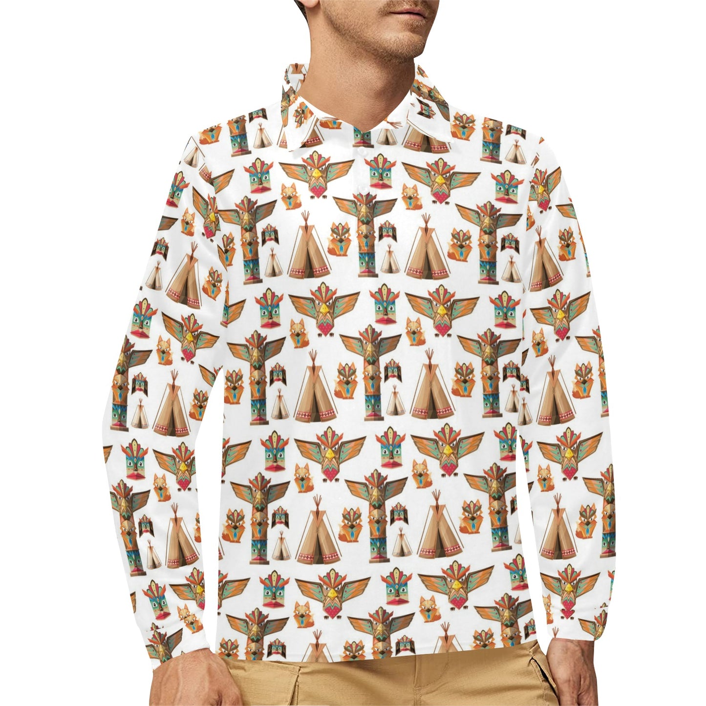 Totem Native Print Design LKS303 Long Sleeve Polo Shirt For Men's
