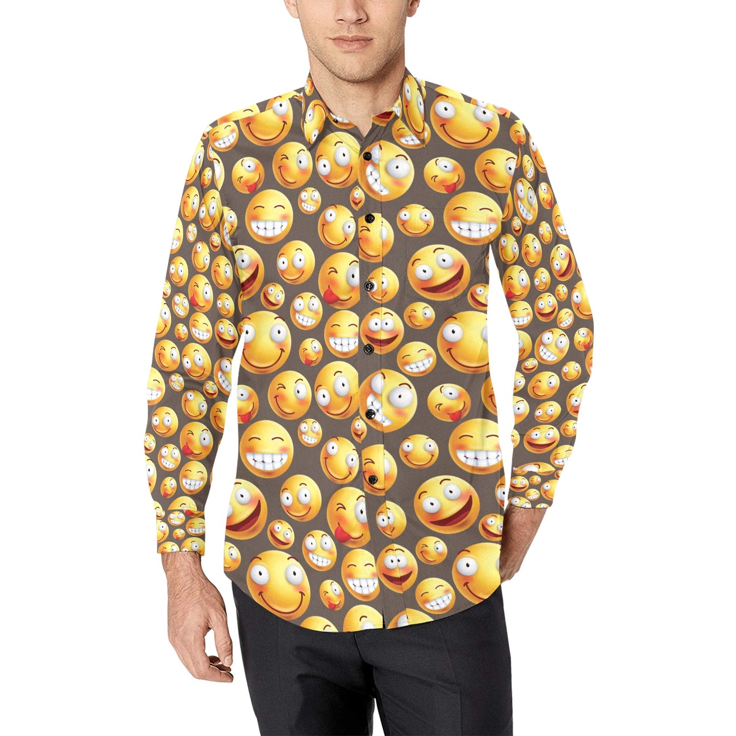 Smiley Face Emoji Print Design LKS303 Men's Long Sleeve Dress Shirt