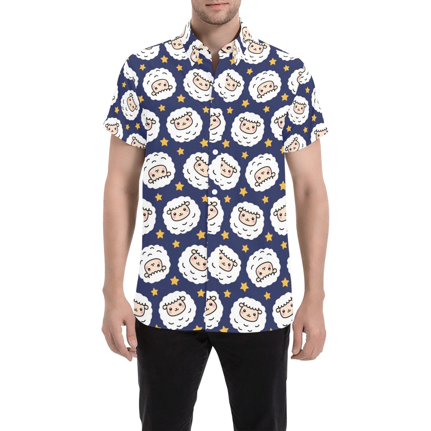 Sheep Print Design LKS402 Men Short Sleeve Button Up Shirt