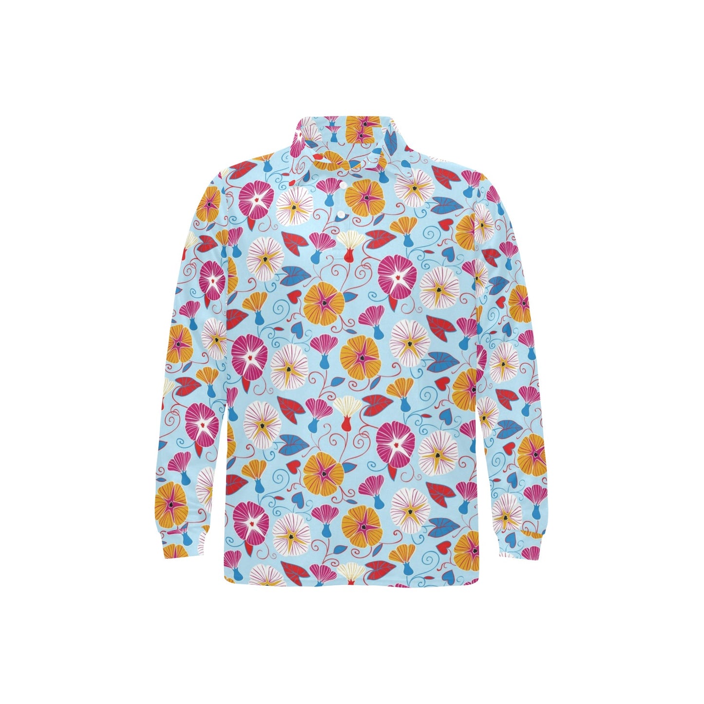 Morning Glory Pattern Print Design MG06 Long Sleeve Polo Shirt For Men's