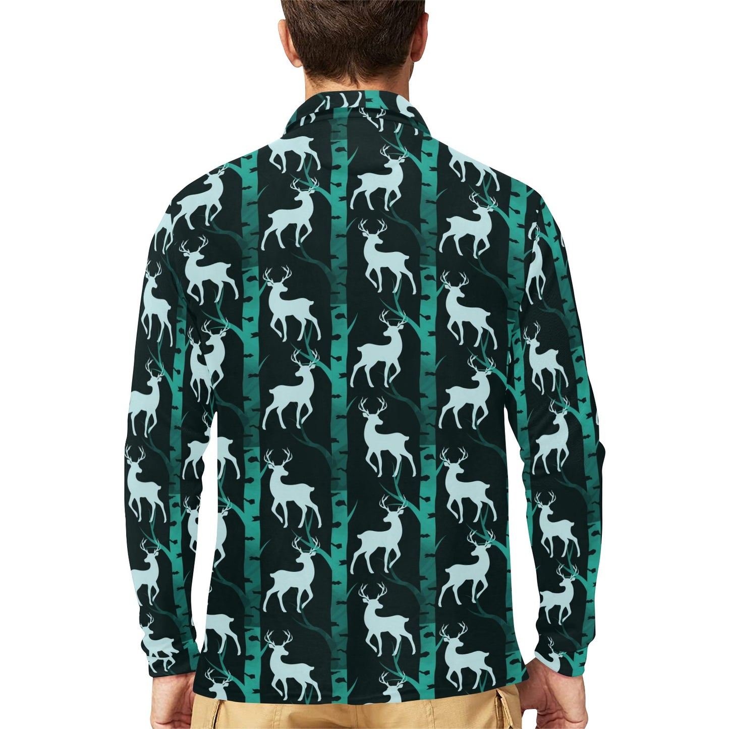 Deer Jungle Print Pattern Long Sleeve Polo Shirt For Men's