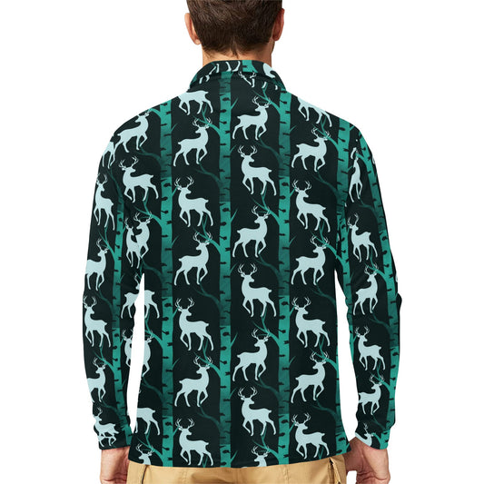Deer Jungle Print Pattern Long Sleeve Polo Shirt For Men's