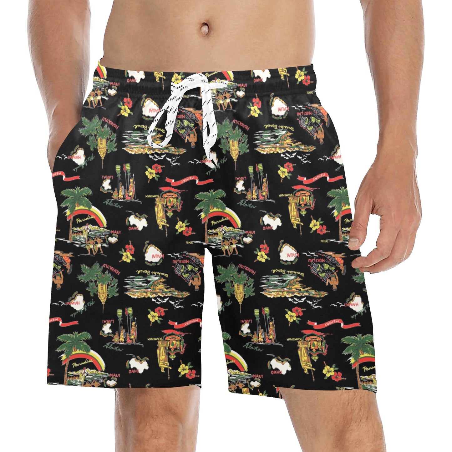 Hawaiian Island Themed Print Men's Swim Trunks Beach Shorts