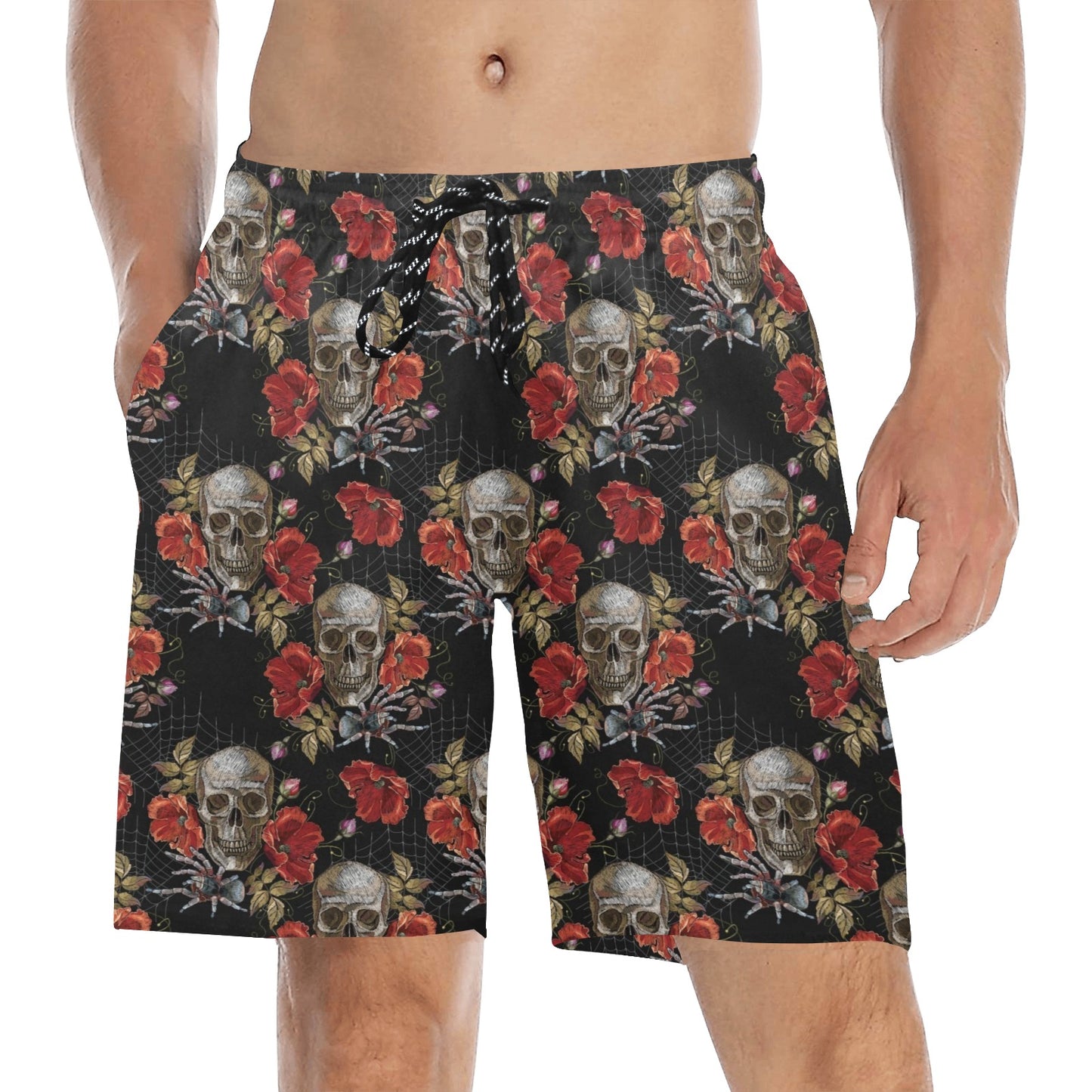 Spider Web Skull Rose Print Design LKS305 Men's Swim Trunks Beach Shorts