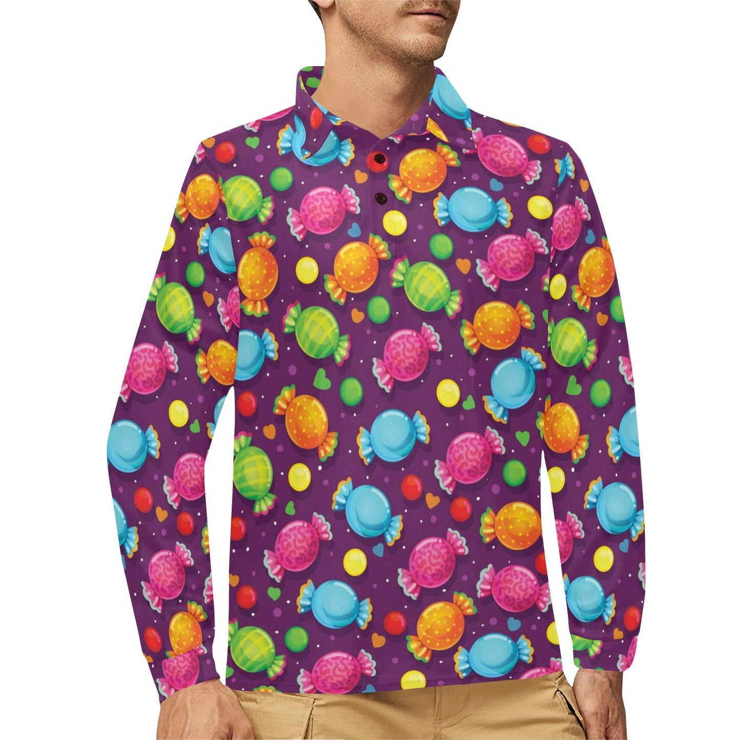 Candy Pattern Print Design CA05 Long Sleeve Polo Shirt For Men's