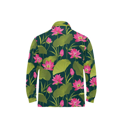 Water Lily Pattern Print Design WL09 Long Sleeve Polo Shirt For Men's