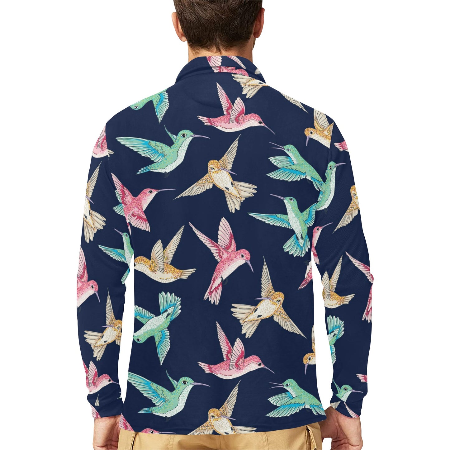 Hummingbird Cute Pattern Print Design 01 Long Sleeve Polo Shirt For Men's