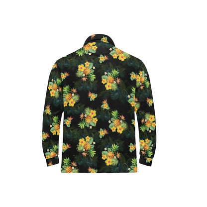 Pineapple Tropical Flower Print Pattern Long Sleeve Polo Shirt For Men's