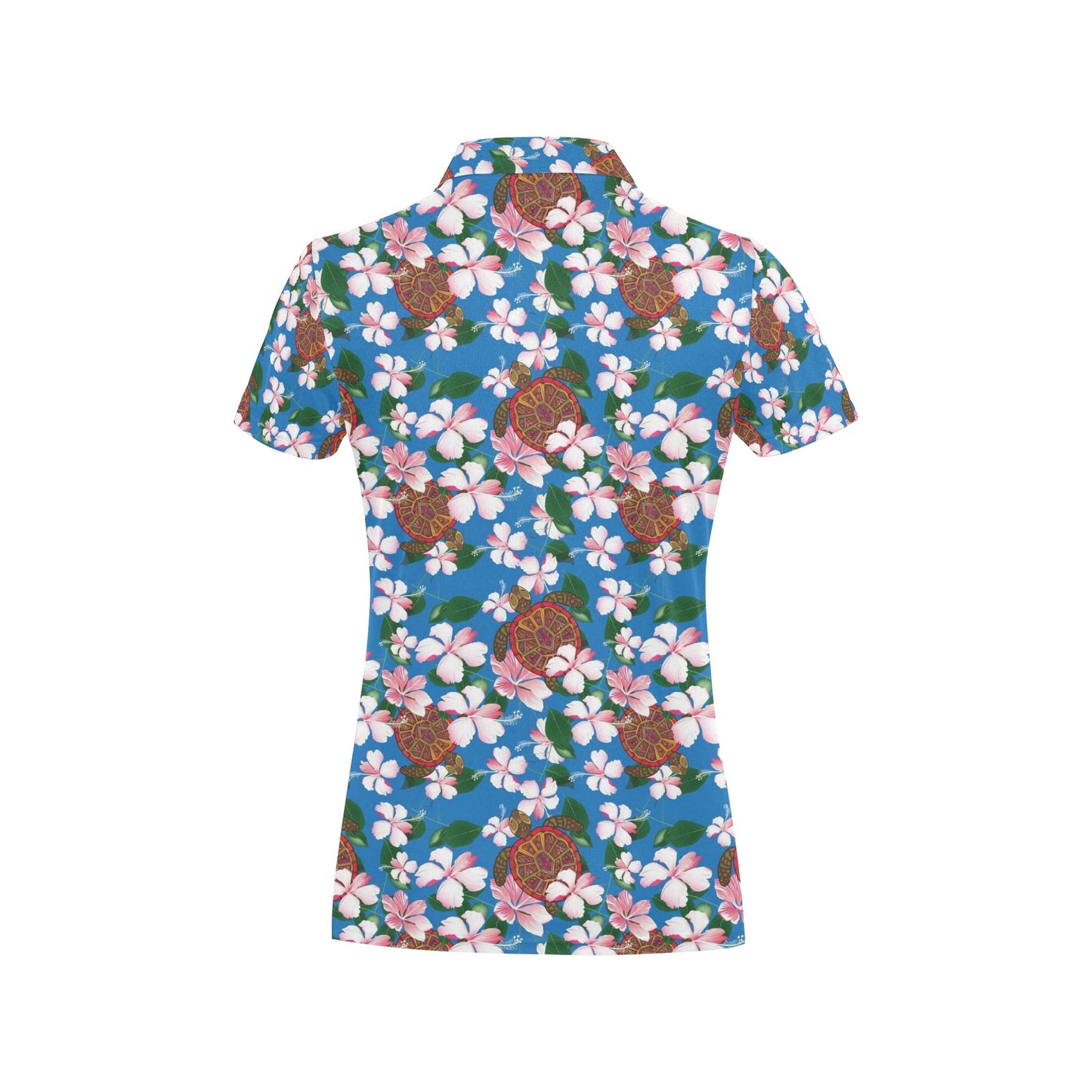 Sea Turtle Pink Hibiscus Hawaiian Print Women's Polo Shirt