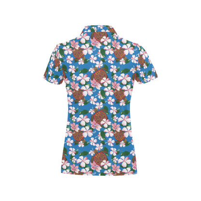 Sea Turtle Pink Hibiscus Hawaiian Print Women's Polo Shirt