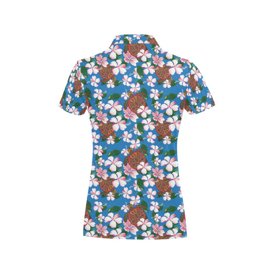 Sea Turtle Pink Hibiscus Hawaiian Print Women's Polo Shirt