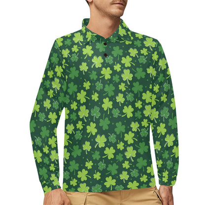 Clover Pattern Print Design 02 Long Sleeve Polo Shirt For Men's