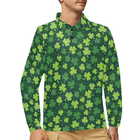 Clover Pattern Print Design 02 Long Sleeve Polo Shirt For Men's